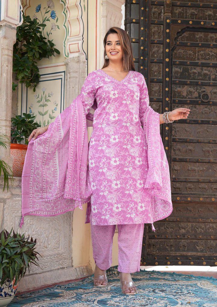 Purple Floral Printed Cotton Suit Set