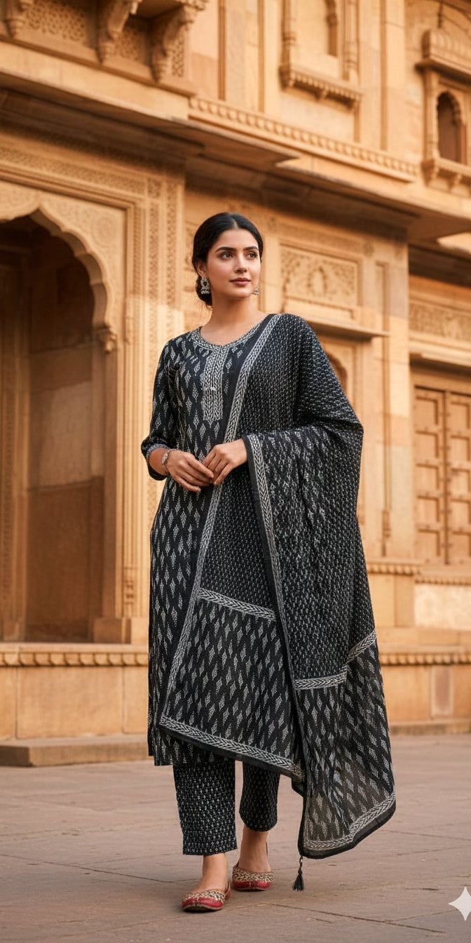 BLACK Printed Cotton Suit Set - Kurti, Pant & Dupatta