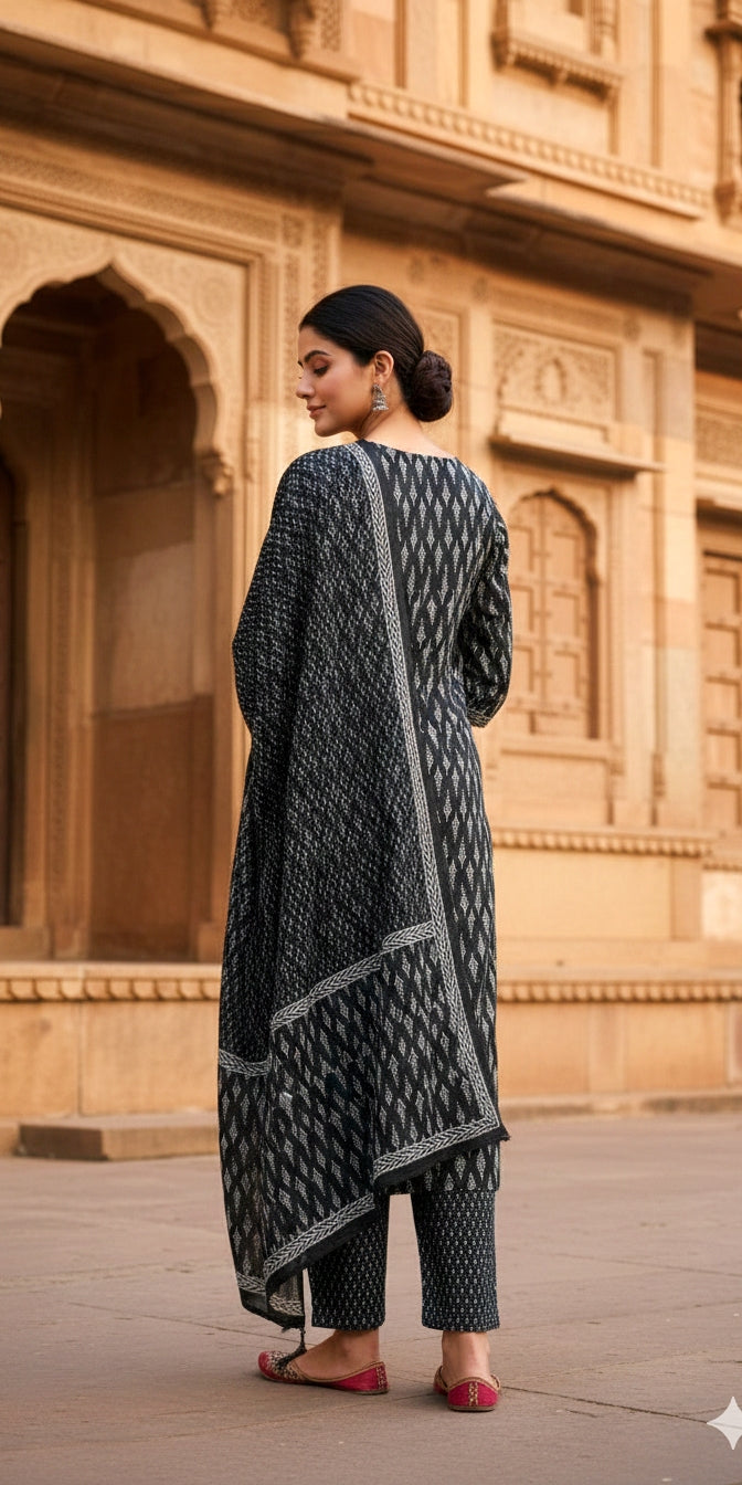 BLACK Printed Cotton Suit Set - Kurti, Pant & Dupatta