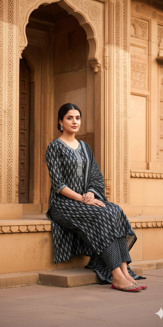 BLACK Printed Cotton Suit Set - Kurti, Pant & Dupatta