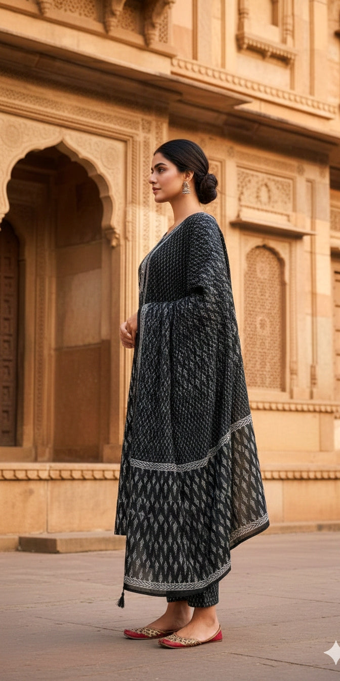 BLACK Printed Cotton Suit Set - Kurti, Pant & Dupatta