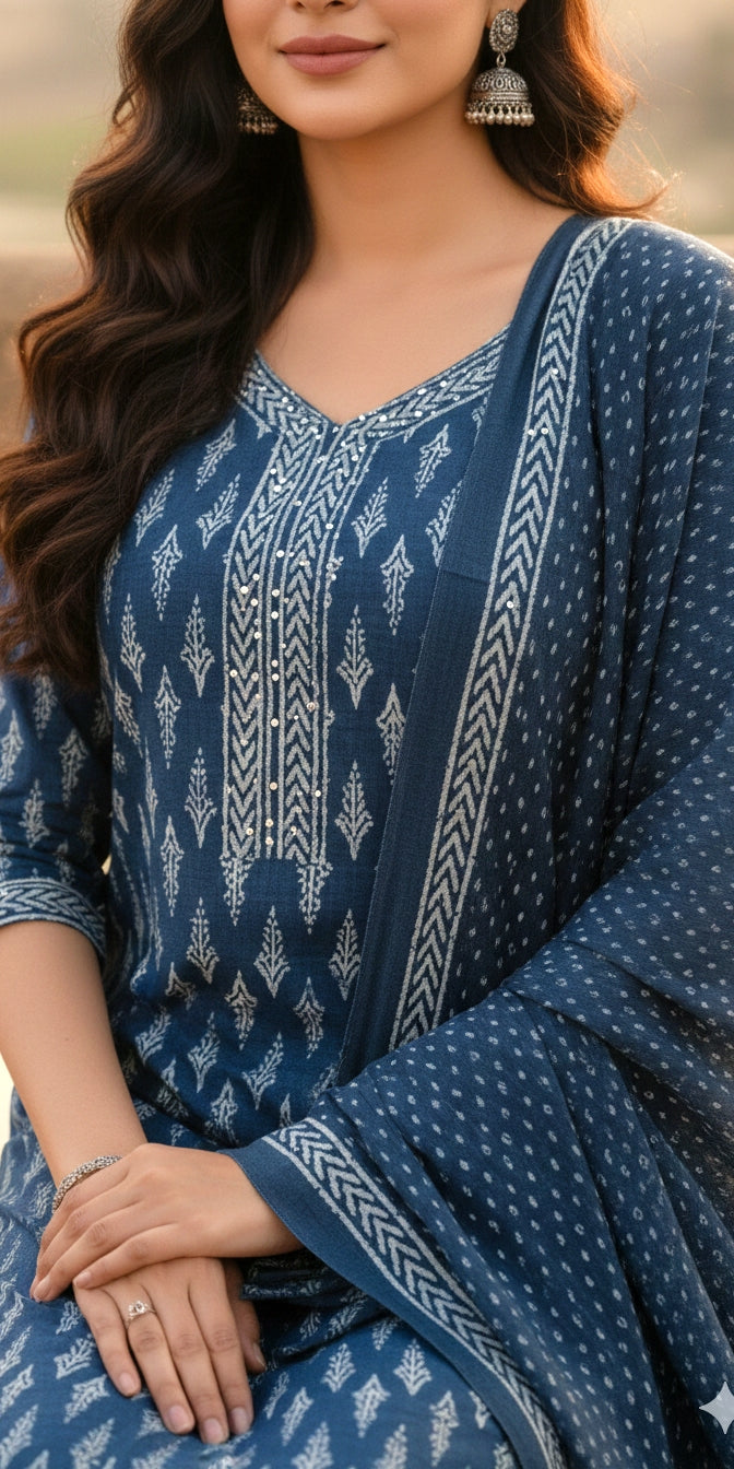 BLUE Printed Cotton Suit Set - Kurti, Pant & Dupatta