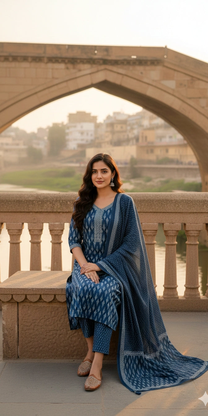 BLUE Printed Cotton Suit Set - Kurti, Pant & Dupatta