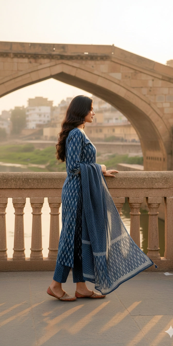 BLUE Printed Cotton Suit Set - Kurti, Pant & Dupatta