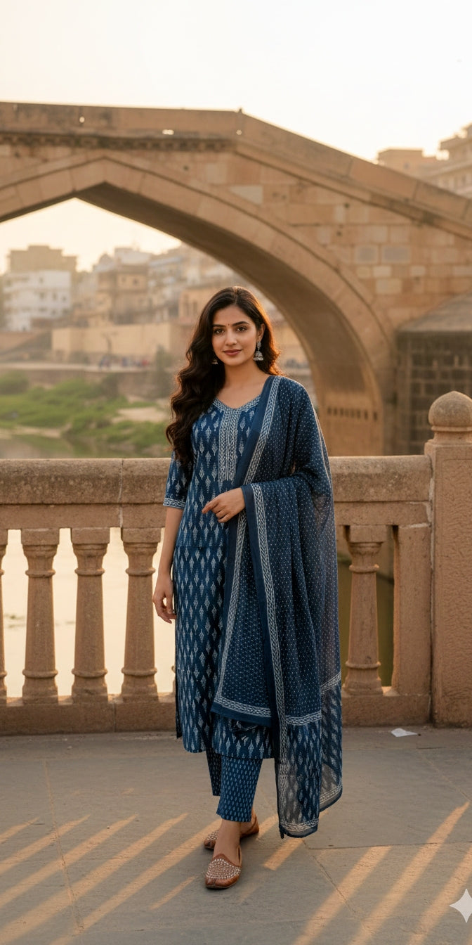 BLUE Printed Cotton Suit Set - Kurti, Pant & Dupatta