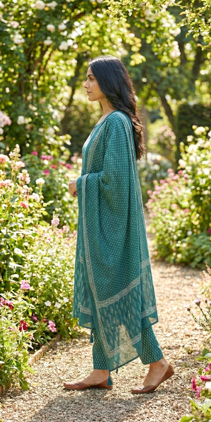 Green Printed Cotton Suit Set - Kurti, Pant & Dupatta