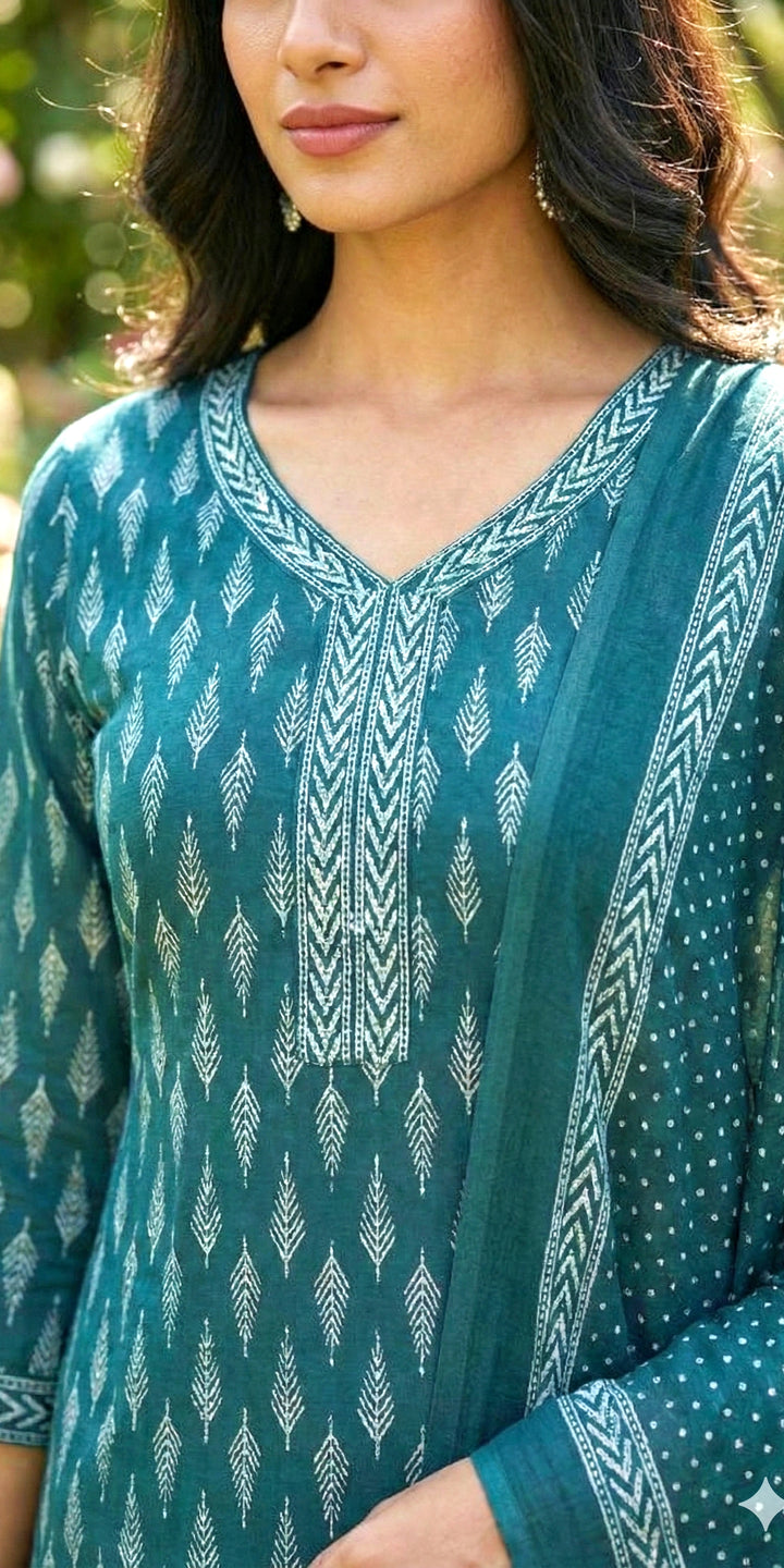 Green Printed Cotton Suit Set - Kurti, Pant & Dupatta