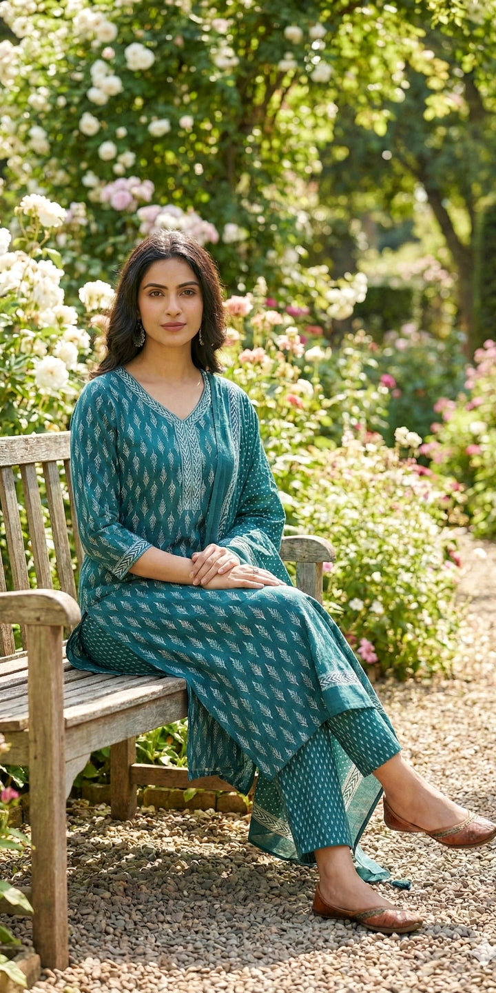 Green Printed Cotton Suit Set - Kurti, Pant & Dupatta