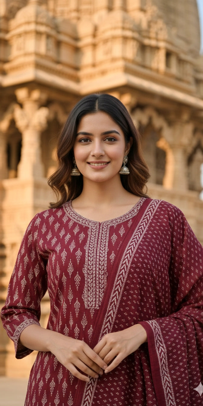 Maroon Printed Cotton Suit Set - Kurti, Pant & Dupatta