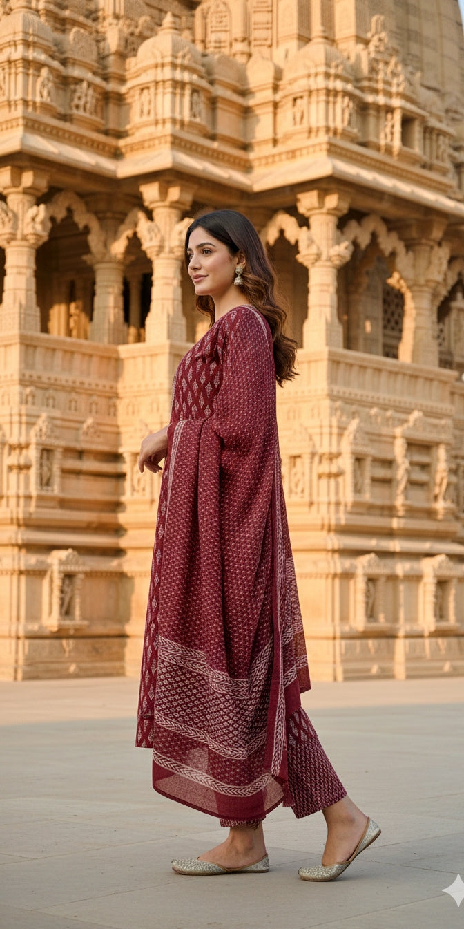 Maroon Printed Cotton Suit Set - Kurti, Pant & Dupatta