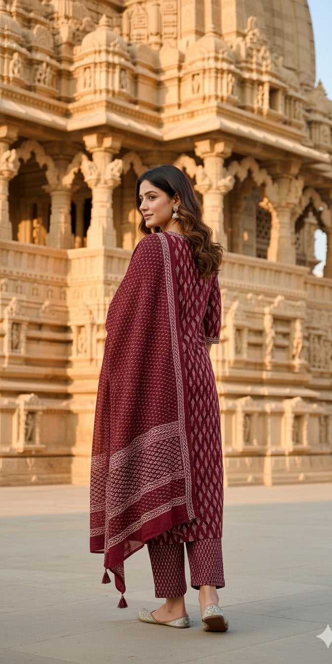 Maroon Printed Cotton Suit Set - Kurti, Pant & Dupatta
