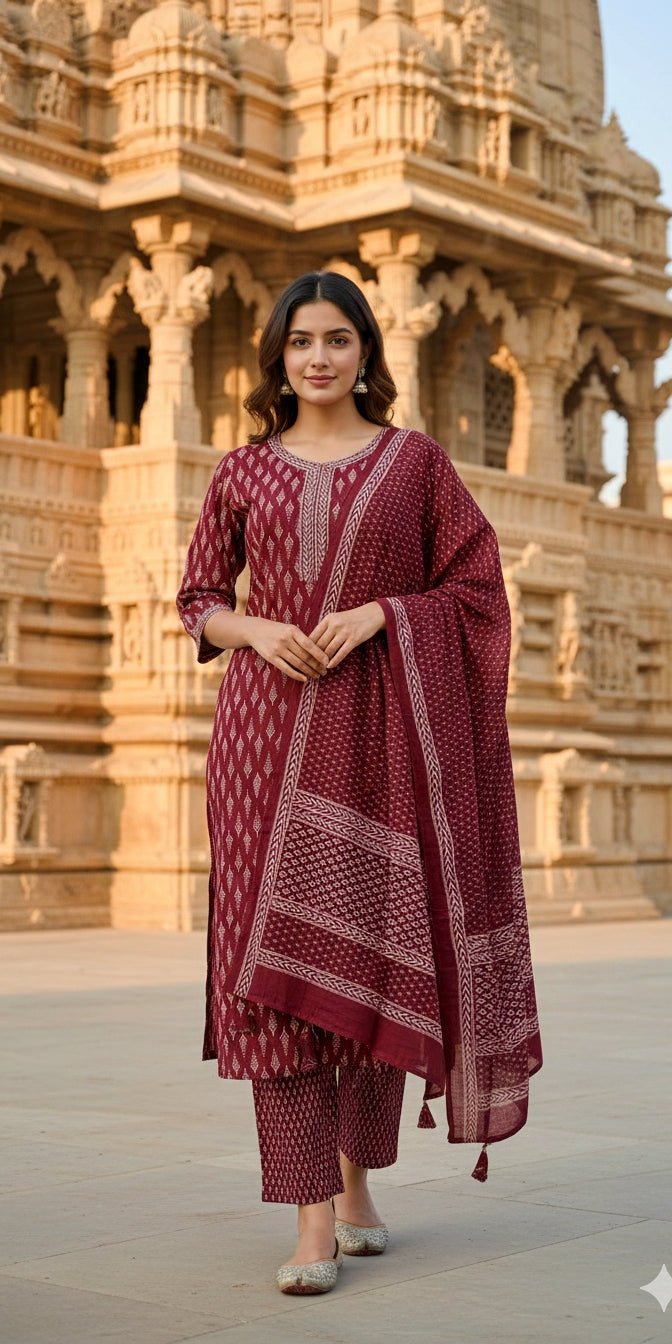 Maroon Printed Cotton Suit Set - Kurti, Pant & Dupatta
