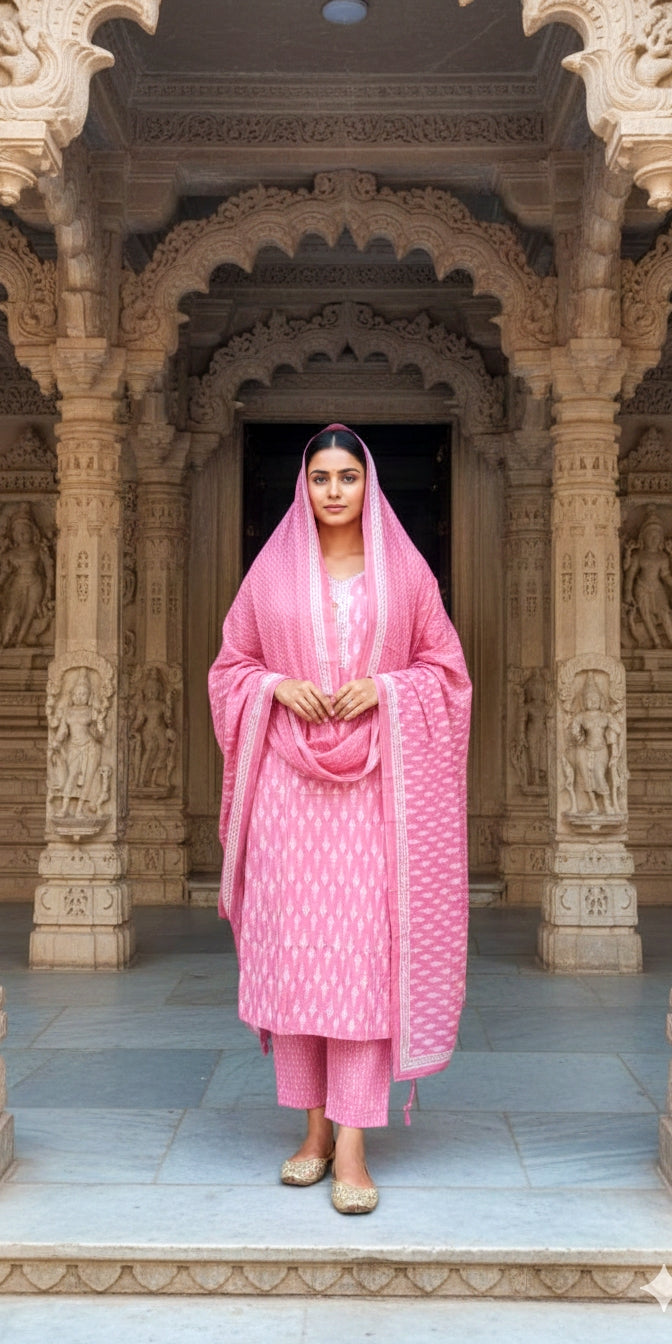 Pink Printed Cotton Suit Set - Kurti, Pant & Dupatta