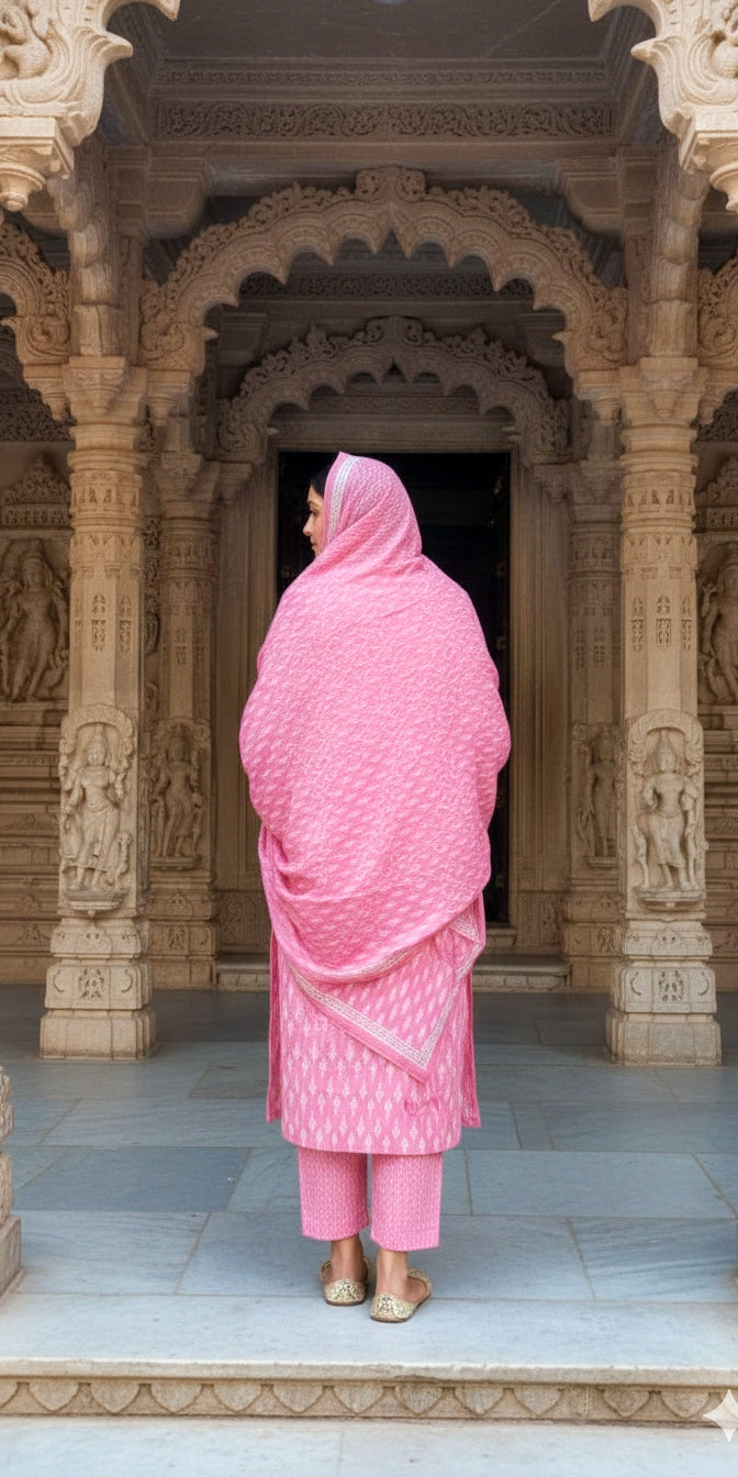 Pink Printed Cotton Suit Set - Kurti, Pant & Dupatta