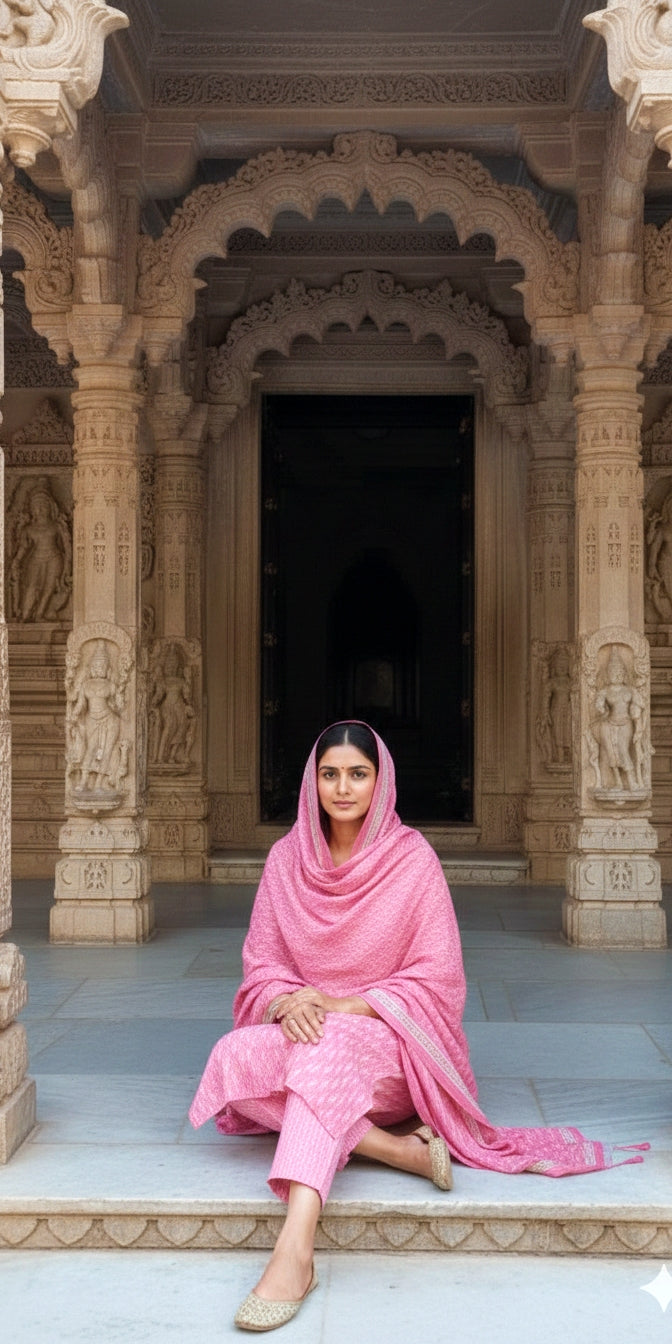 Pink Printed Cotton Suit Set - Kurti, Pant & Dupatta