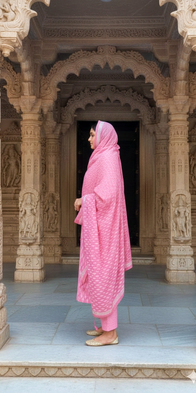 Pink Printed Cotton Suit Set - Kurti, Pant & Dupatta