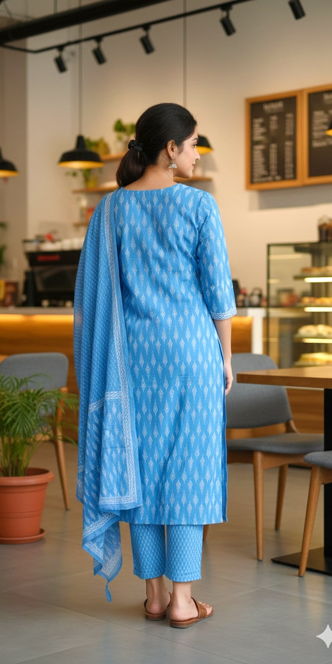 Sky Blue  Printed Cotton Suit Set - Kurti, Pant & Dupatta
