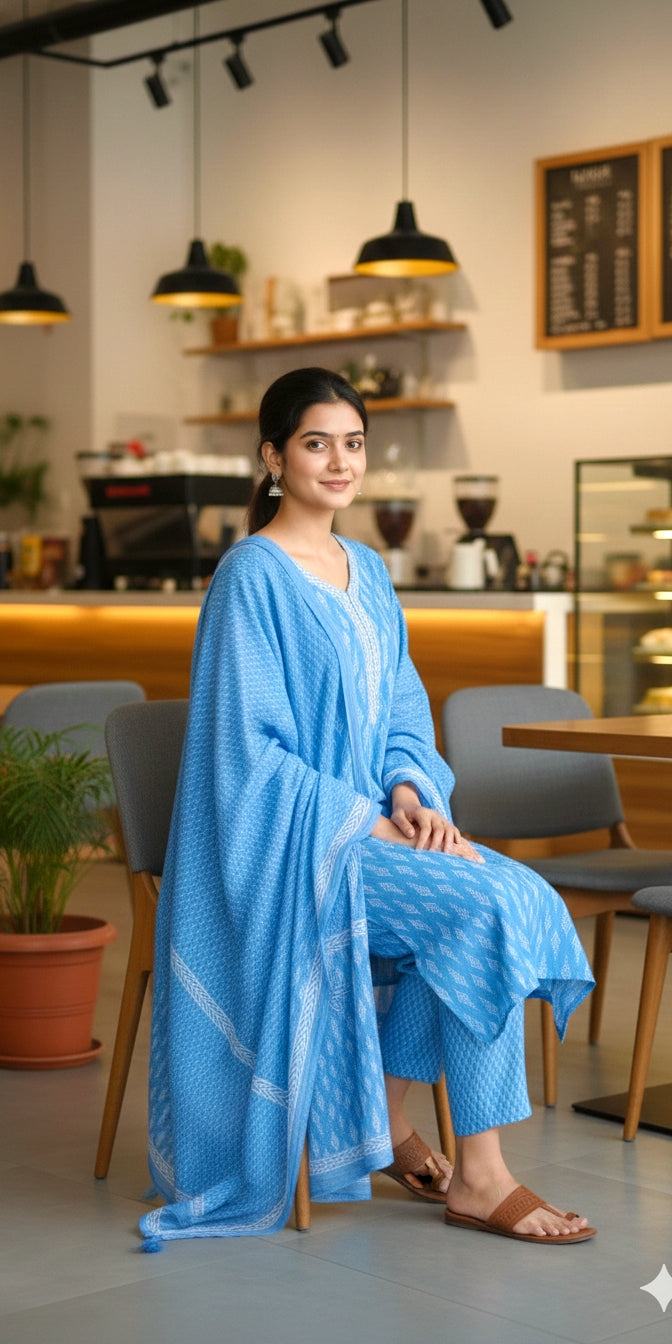 Sky Blue  Printed Cotton Suit Set - Kurti, Pant & Dupatta