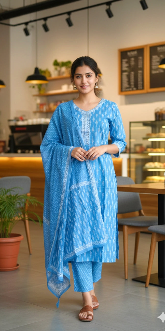 Sky Blue  Printed Cotton Suit Set - Kurti, Pant & Dupatta