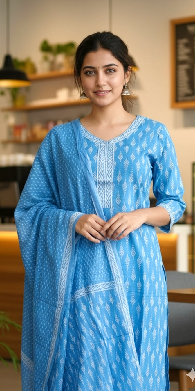 Sky Blue  Printed Cotton Suit Set - Kurti, Pant & Dupatta