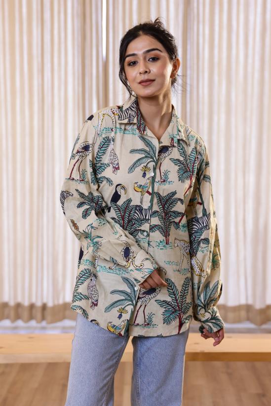 Women's Cream Safari Print Shirt - Wild & Chic