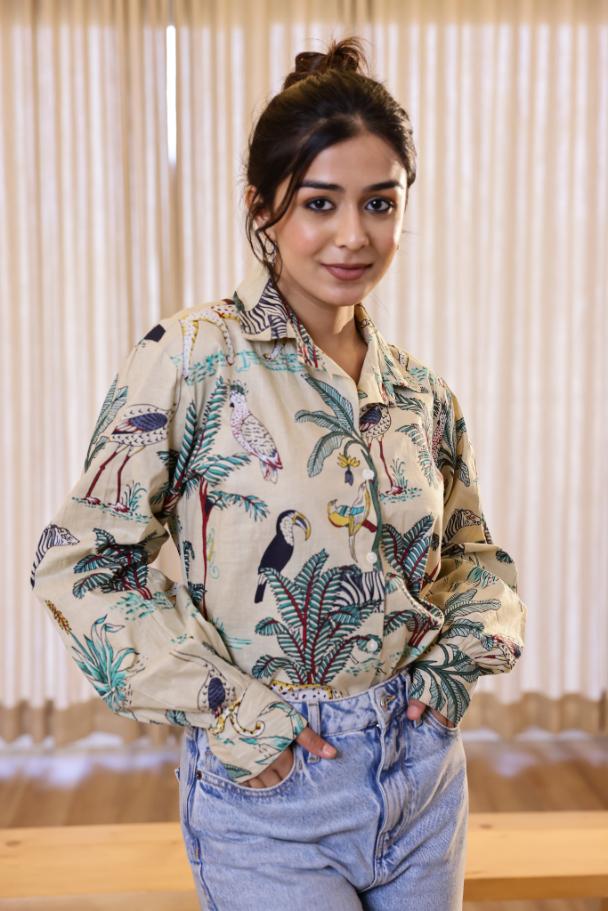 Women's Cream Safari Print Shirt - Wild & Chic