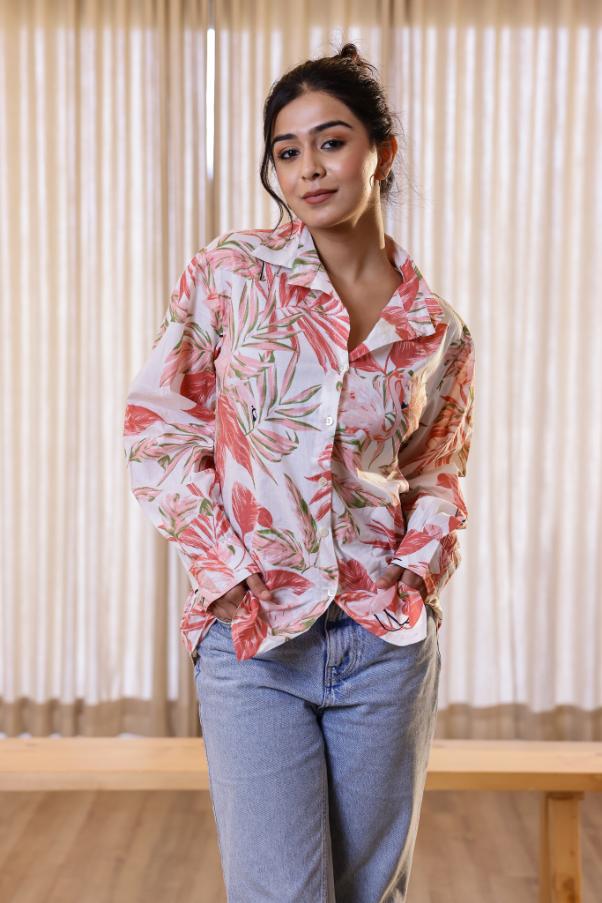 Women's Pink Leaf Print Shirt - Soft & Stylish