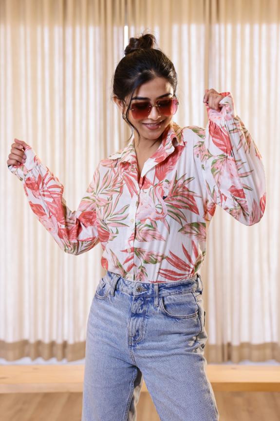 Women's Pink Leaf Print Shirt - Soft & Stylish