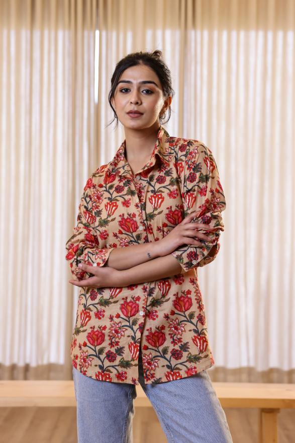 Women's Cream & Red Floral Print Shirt - Bold & Elegant