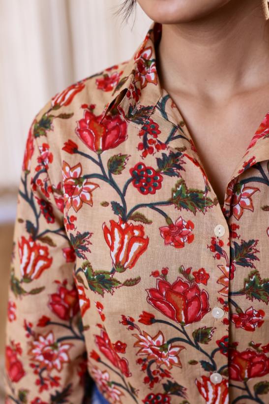 Women's Cream & Red Floral Print Shirt - Bold & Elegant