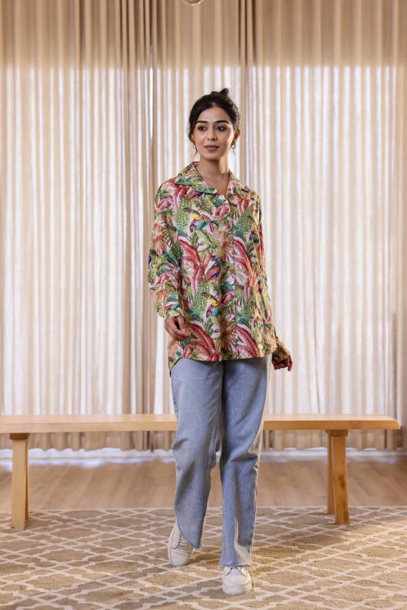 Women's Tropical Jungle Print Shirt - Bold & Vibrant | Women's Shirt | Shop stylish women's clothing online at Label Flavia |