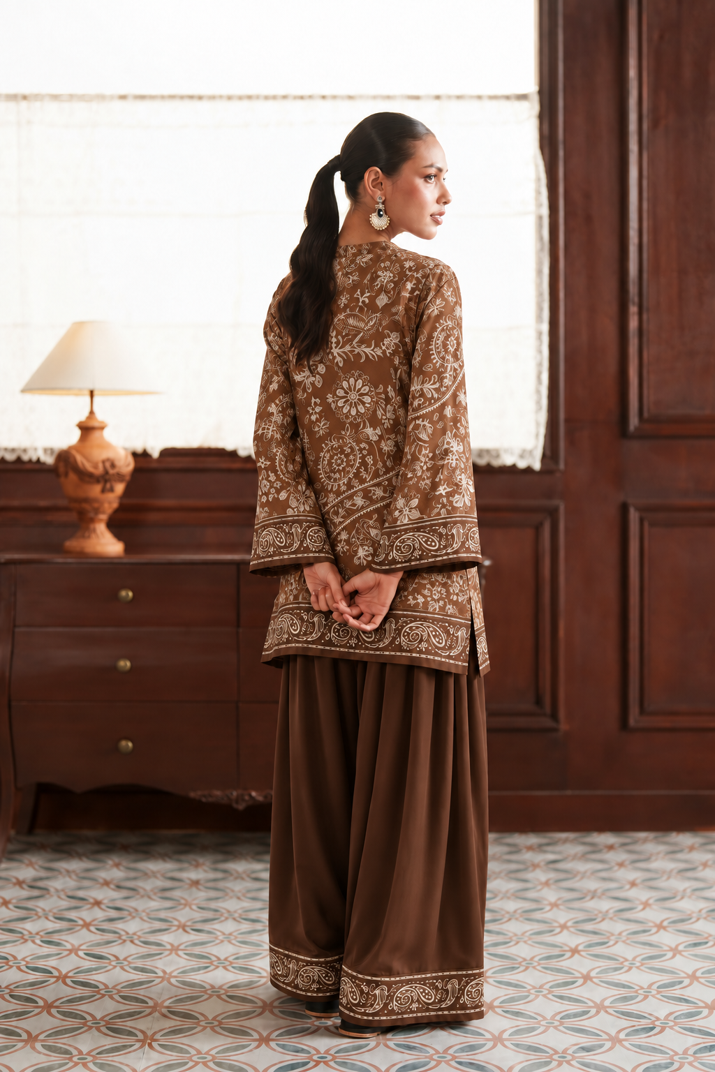 Mocha Botanical Palazzo Farsi Salwar back view