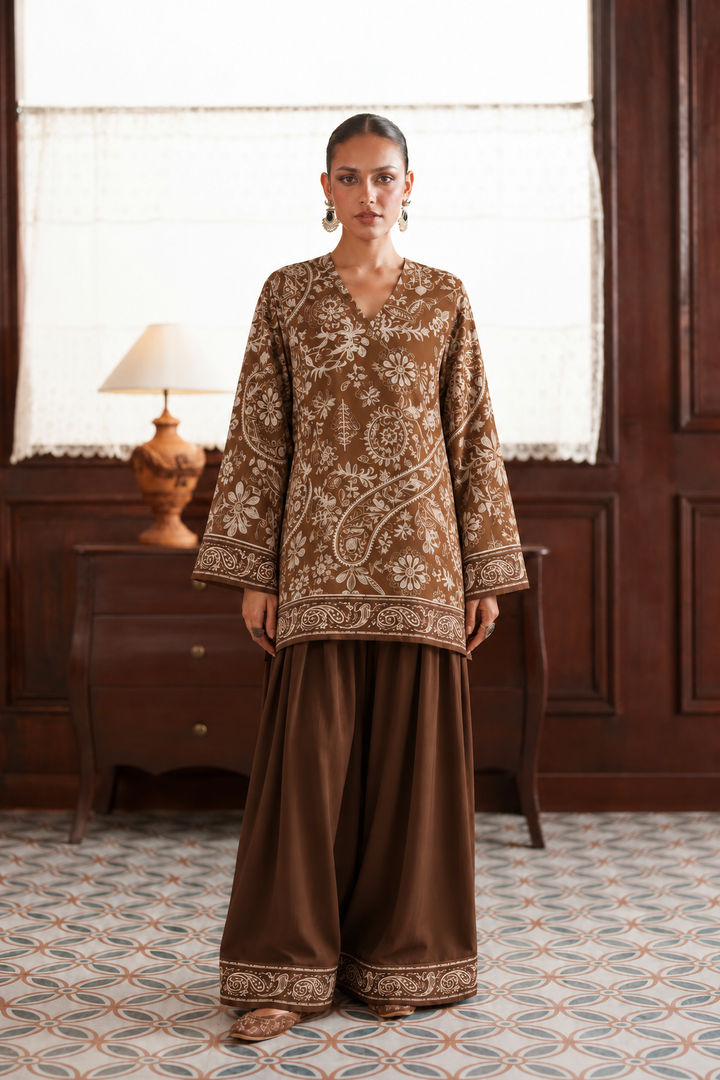 Mocha Botanical Palazzo Farsi Salwar front view