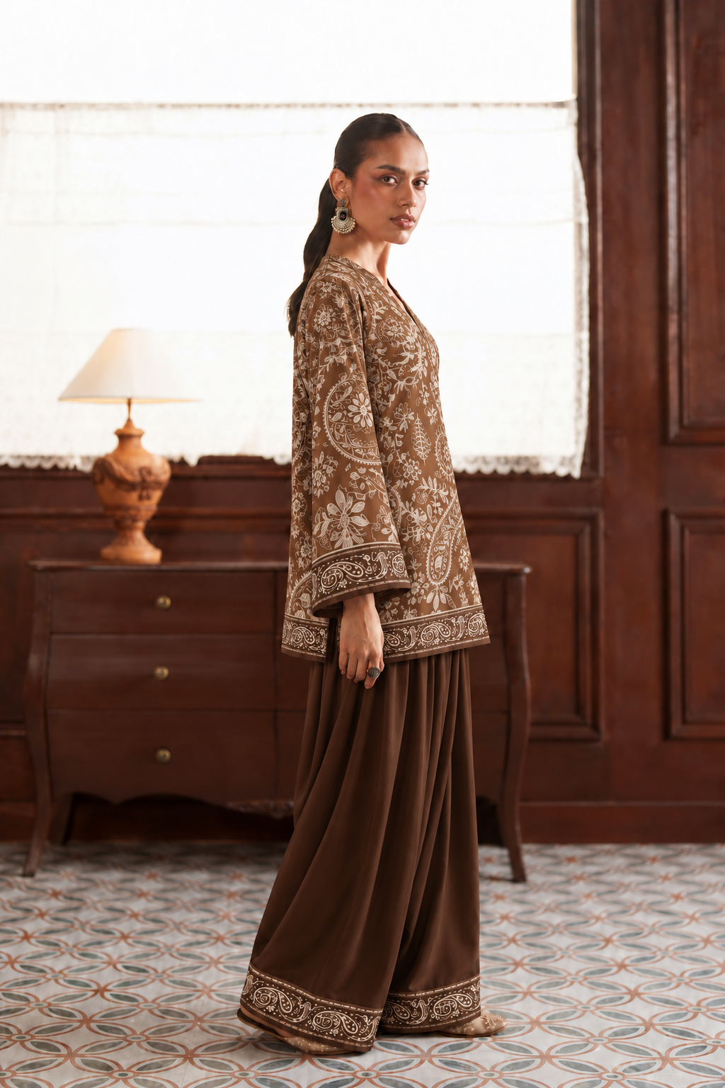 Mocha Botanical Palazzo Farsi Salwar side view