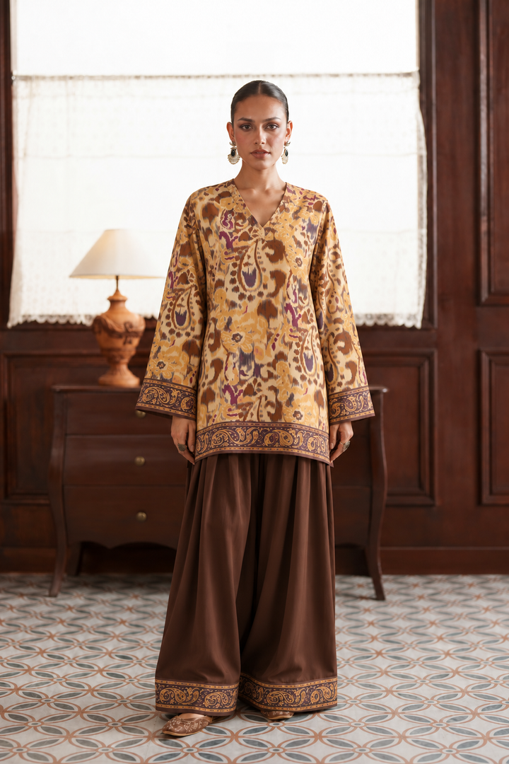Golden Paisley Palazzo Farsi Salwar front view