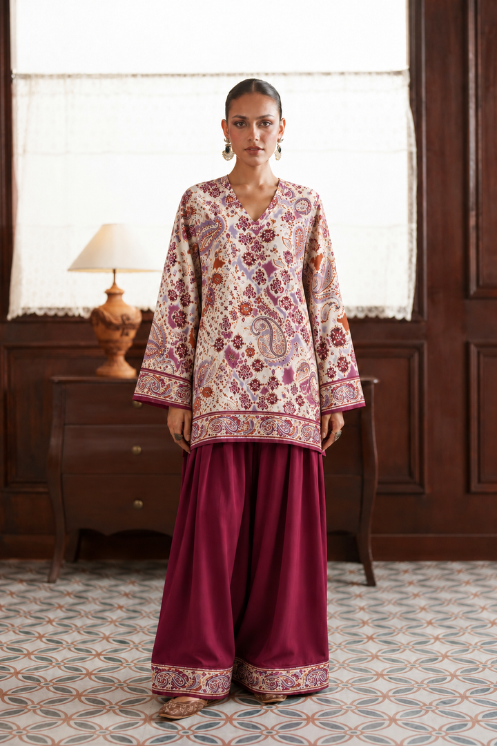 Ivory Multicolour Paisley Palazzo Farsi Salwar front view