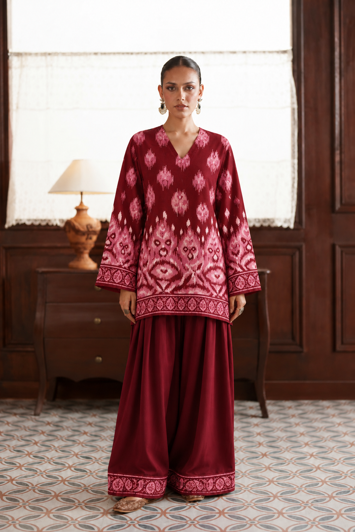 Crimson Ikat Palazzo Farsi Salwar front view