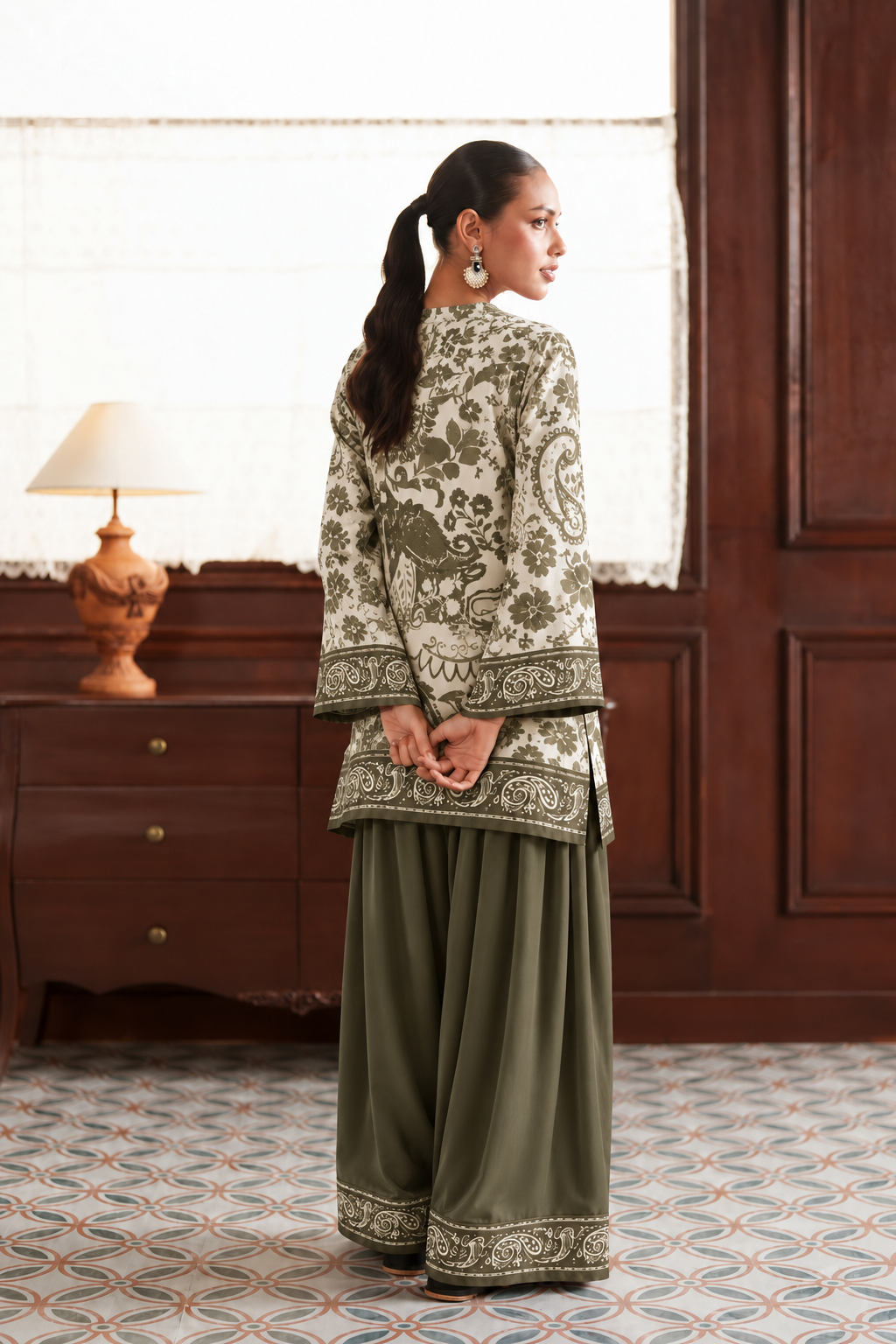 Ivory Olive Botanical Palazzo Farsi Salwar back view