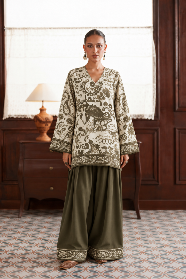 Ivory Olive Botanical Palazzo Farsi Salwar front view