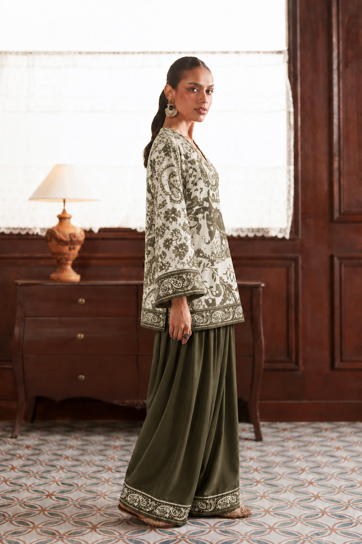 Ivory Olive Botanical Palazzo Farsi Salwar side view