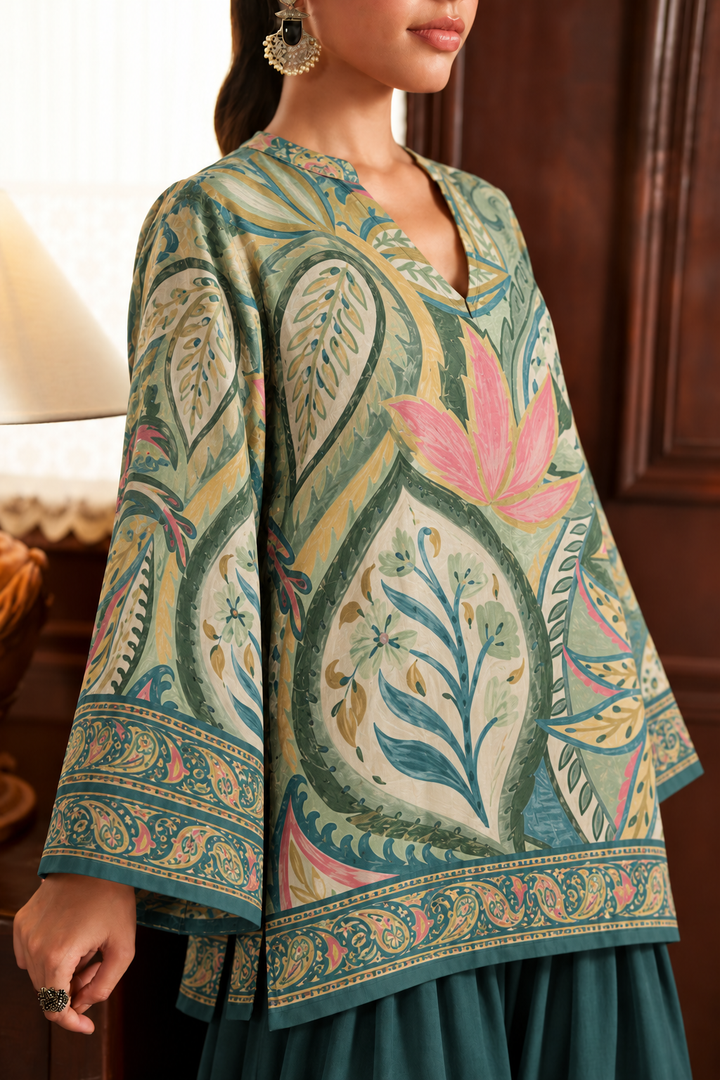 Teal Lotus Paisley Palazzo Farsi Salwar close-up view