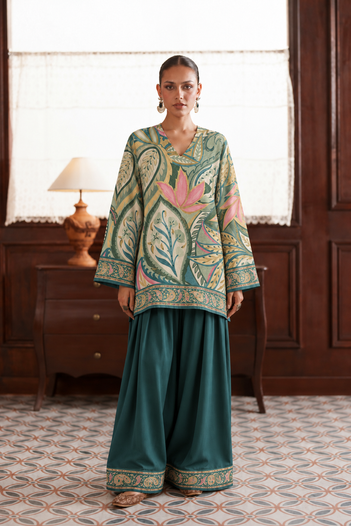Teal Lotus Paisley Palazzo Farsi Salwar front view