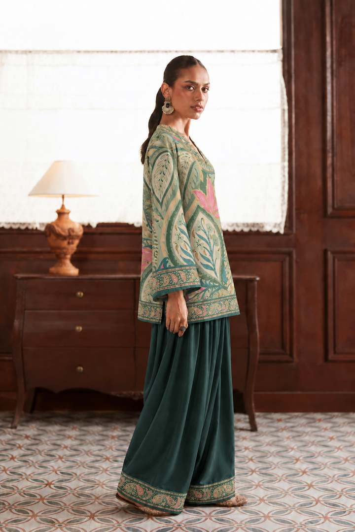 Teal Lotus Paisley Palazzo Farsi Salwar side view