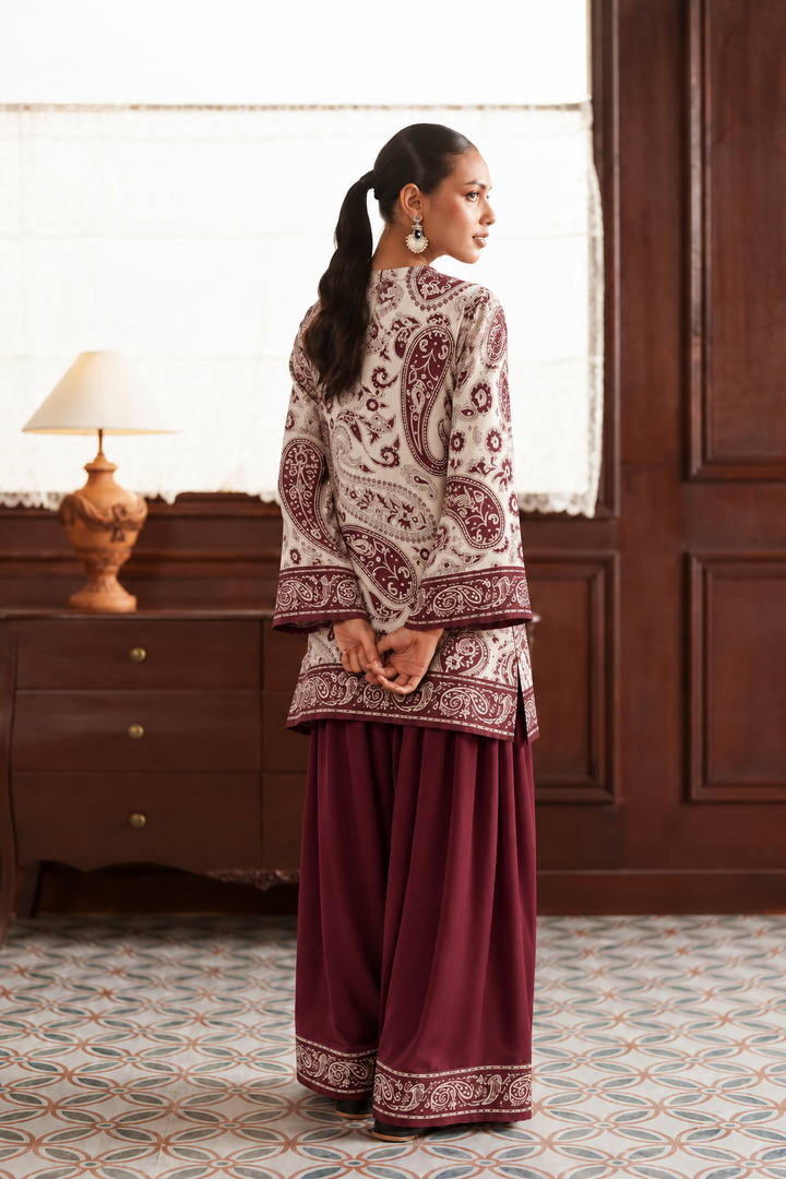Ivory Wine Paisley Palazzo Farsi Salwar back view