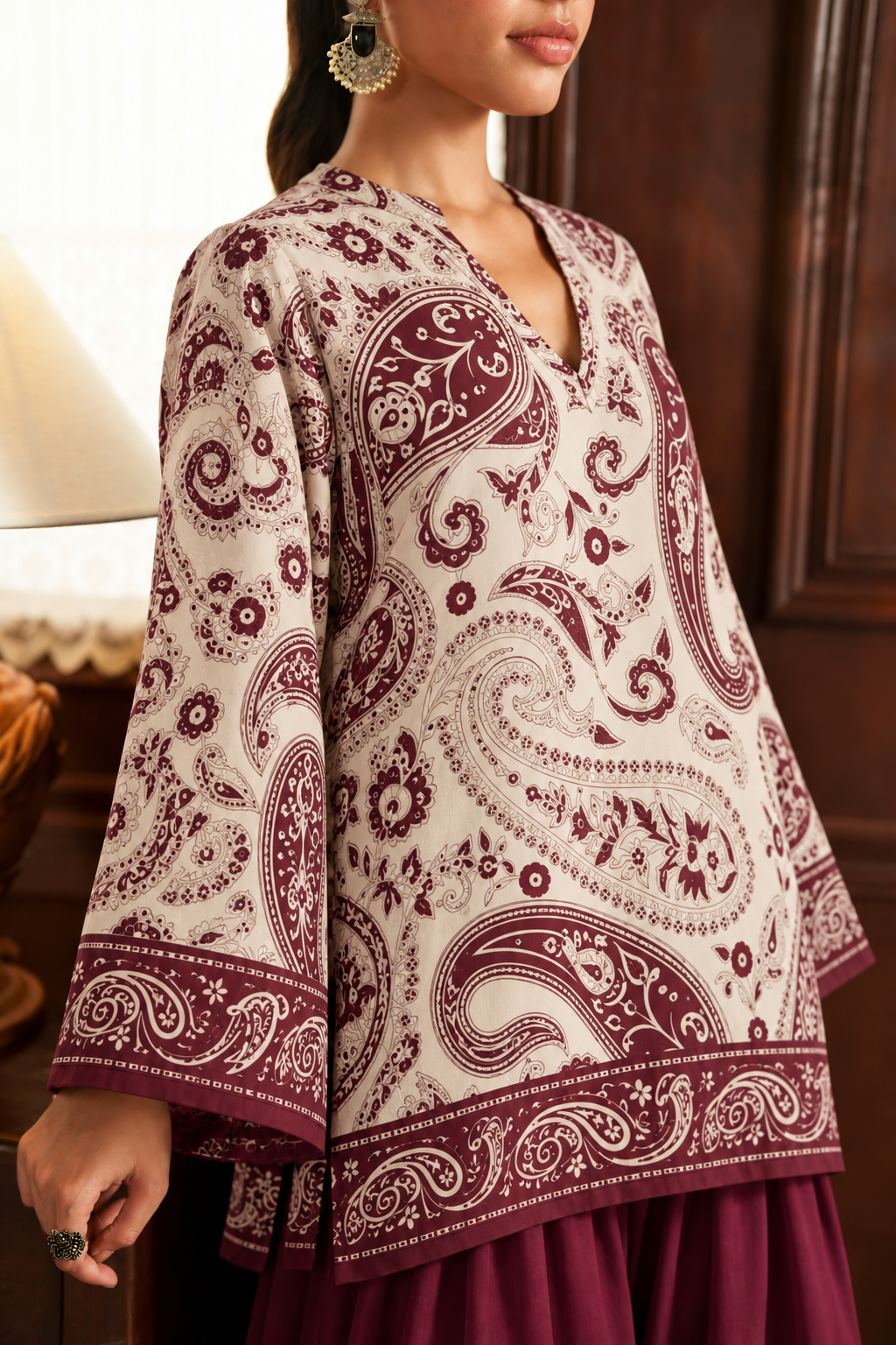 Ivory Wine Paisley Palazzo Farsi Salwar close-up view