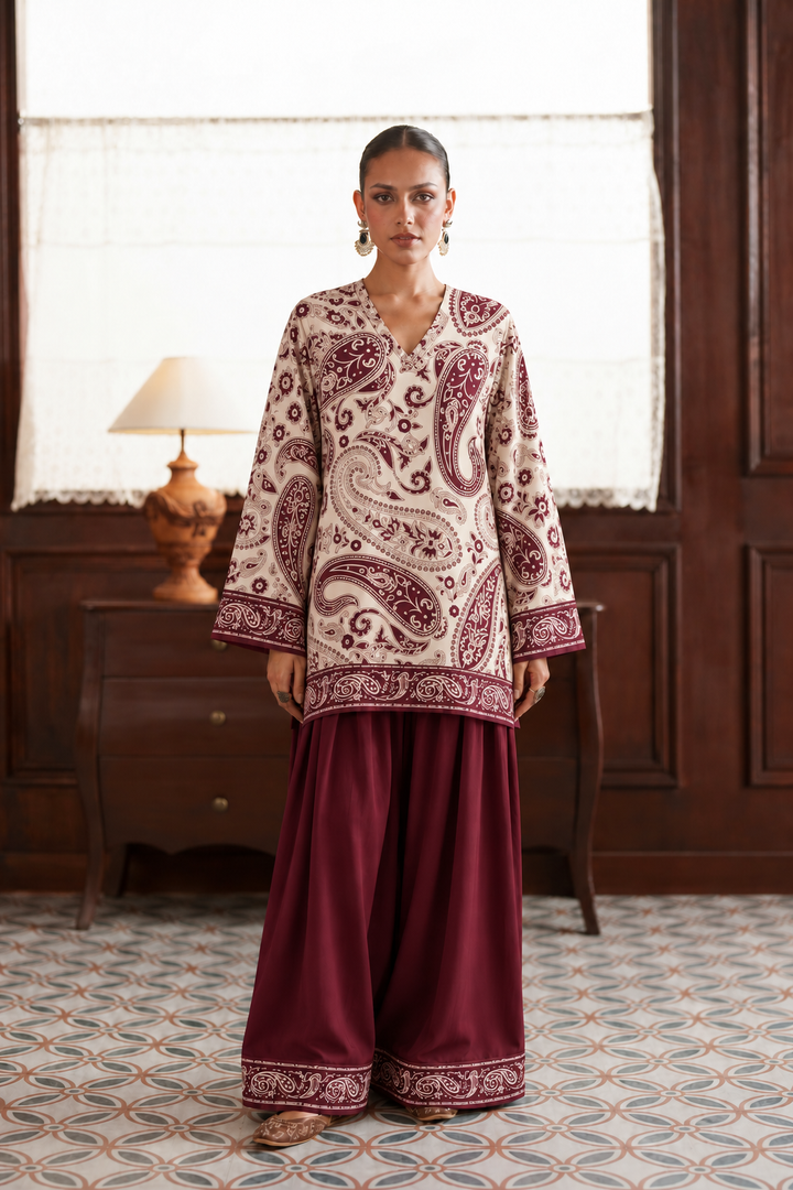 Ivory Wine Paisley Palazzo Farsi Salwar front view