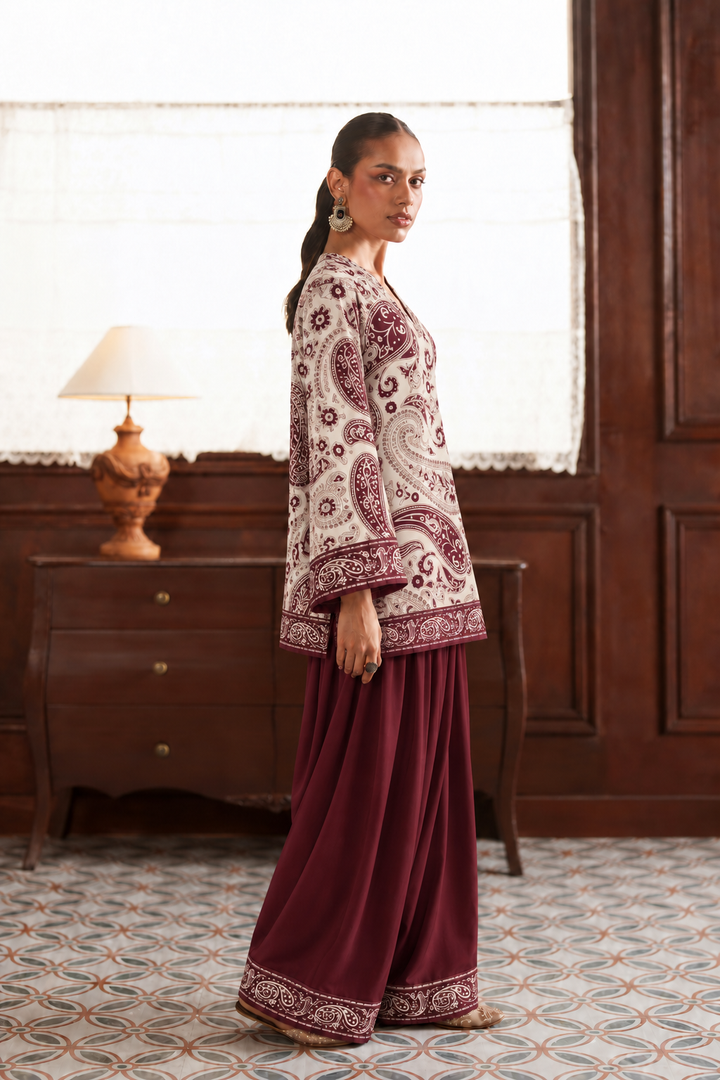Ivory Wine Paisley Palazzo Farsi Salwar side view