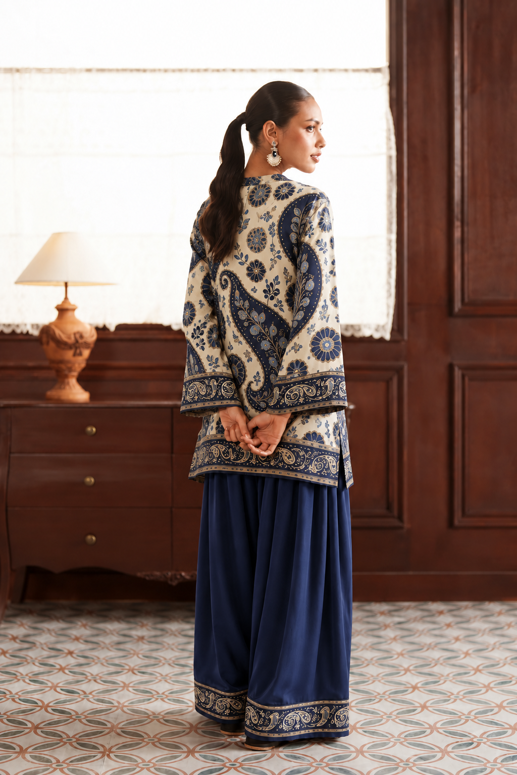 Ivory Navy Paisley Palazzo Farsi Salwar back view