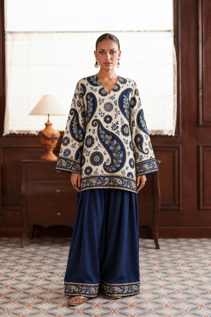 Ivory Navy Paisley Palazzo Farsi Salwar front view