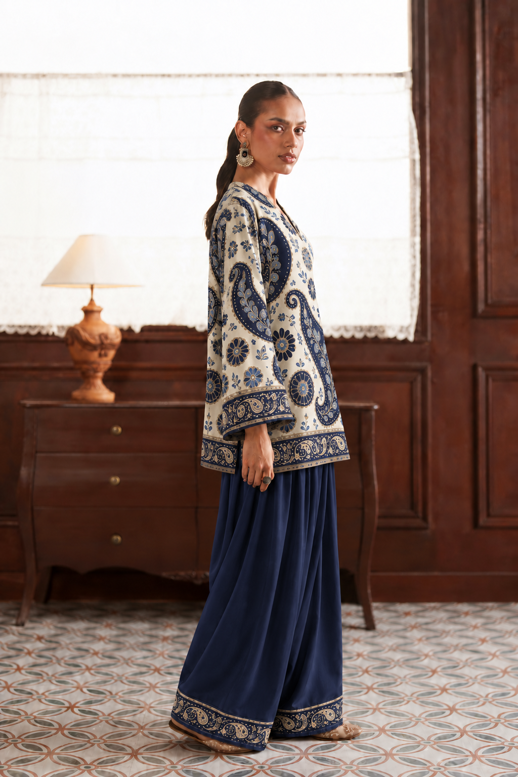 Ivory Navy Paisley Palazzo Farsi Salwar side view
